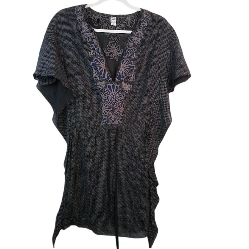 Free People Black‎ Embroidered Boho Tunic Top Sheer Waist Tie Sz 2
